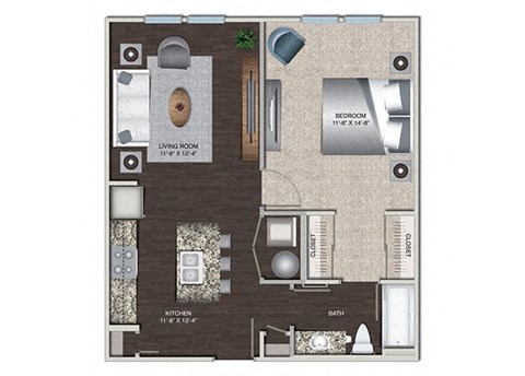 Floor plan for 1 bed, 1 bath, 650 sqft